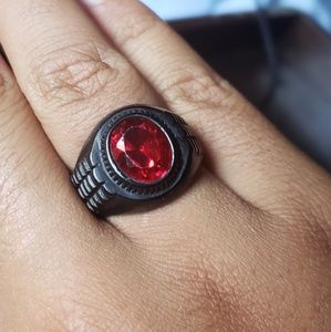 Red crystal black painted stainless steel ring
